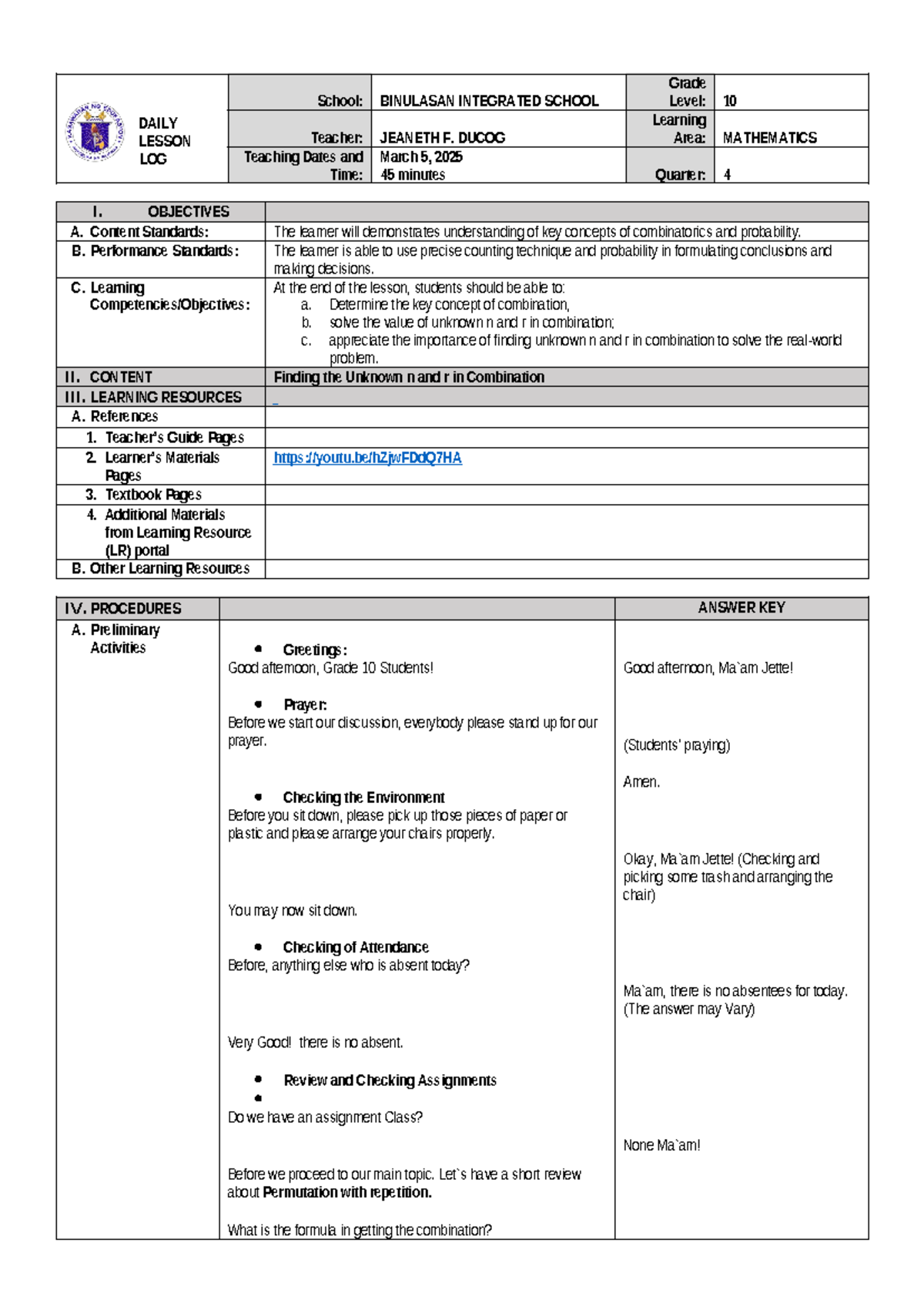 Lesson-PLAN - Grade 10 - DAILY LESSON LOG School: BINULASAN INTEGRATED ...