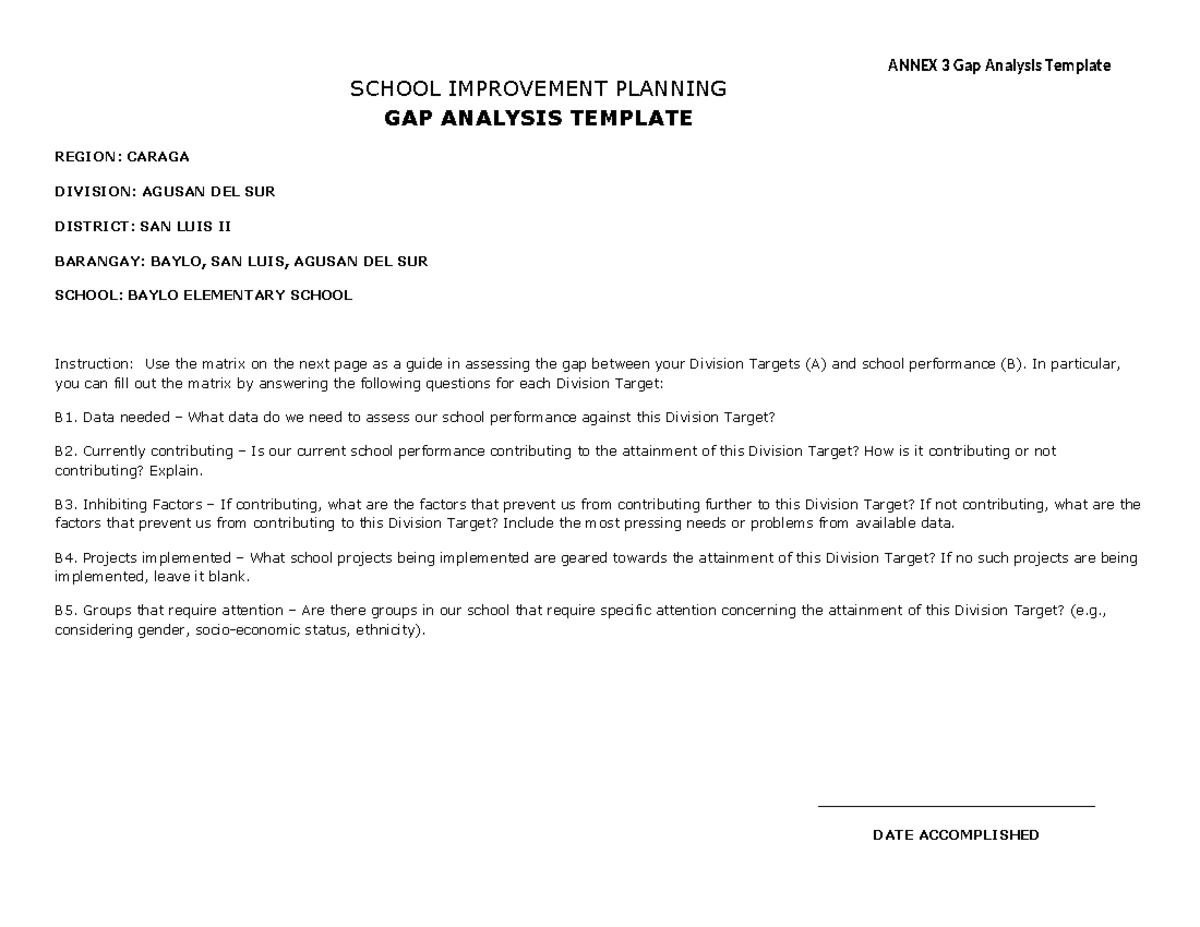 SIP 3 Gap Analysis Template for Baylo Elementary School Performance ...