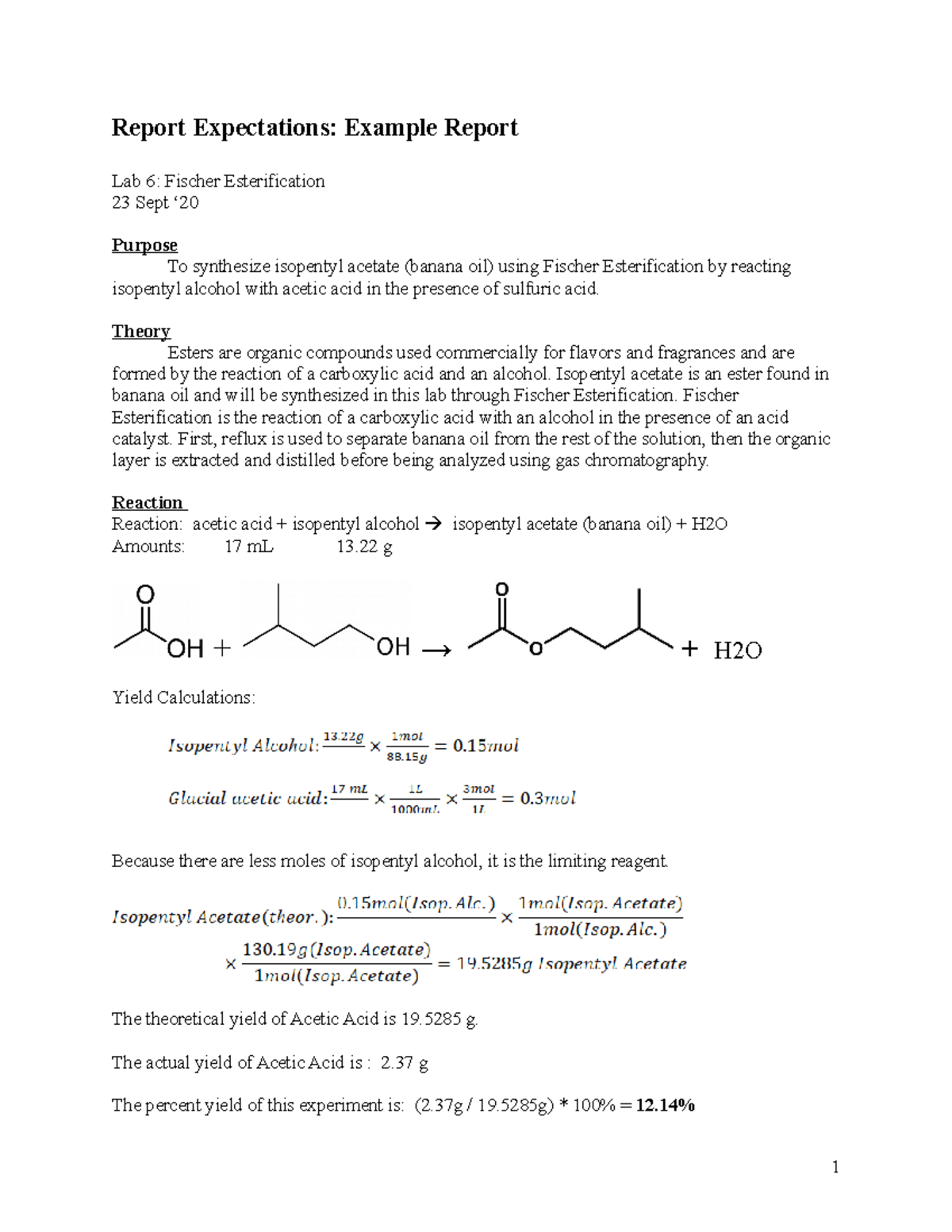 Chem253 Lab Report 6: Fischer Esterification of Isopentyl Acetate - Studocu