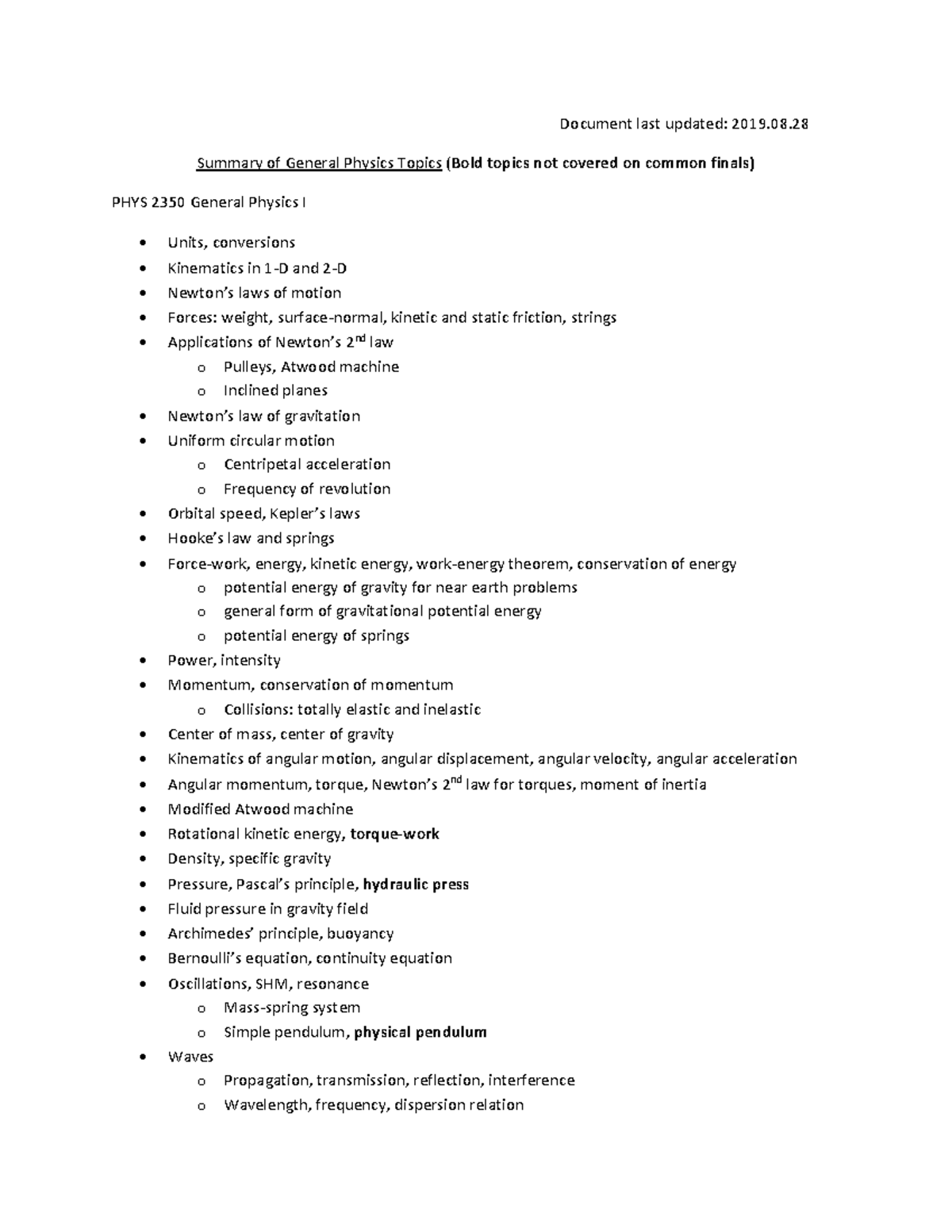 General Physics Topics PHYS 2350 Overview and Key Concepts - Studocu