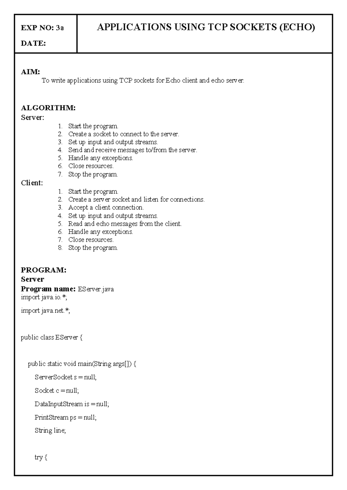 Exp 3: TCP Socket Applications - Echo Client and Server Implementation ...