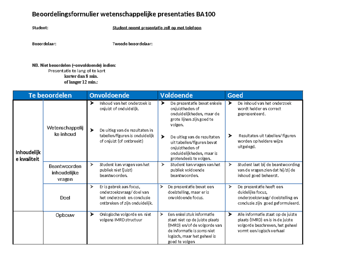 Beoordelingsformulier Presentaties BA100 - Criteria en Evaluatie ...