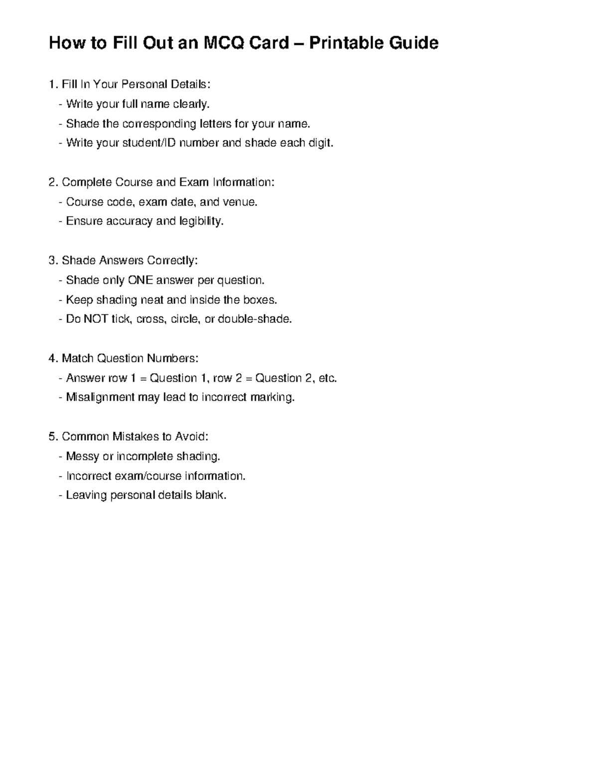 MCQ Printable Guide: How to Fill Out Your Answer Card - Studocu