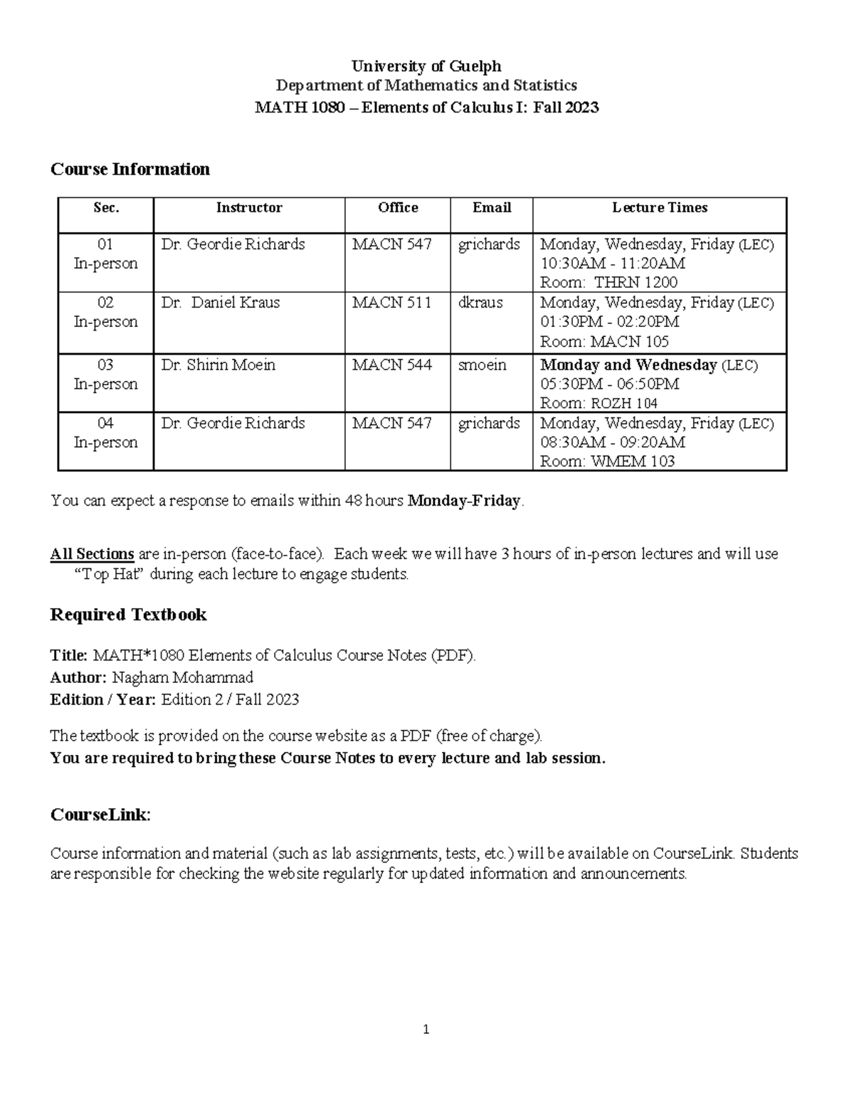 MATH 1080 Fall 2023 Course Outline: Elements of Calculus I Details ...