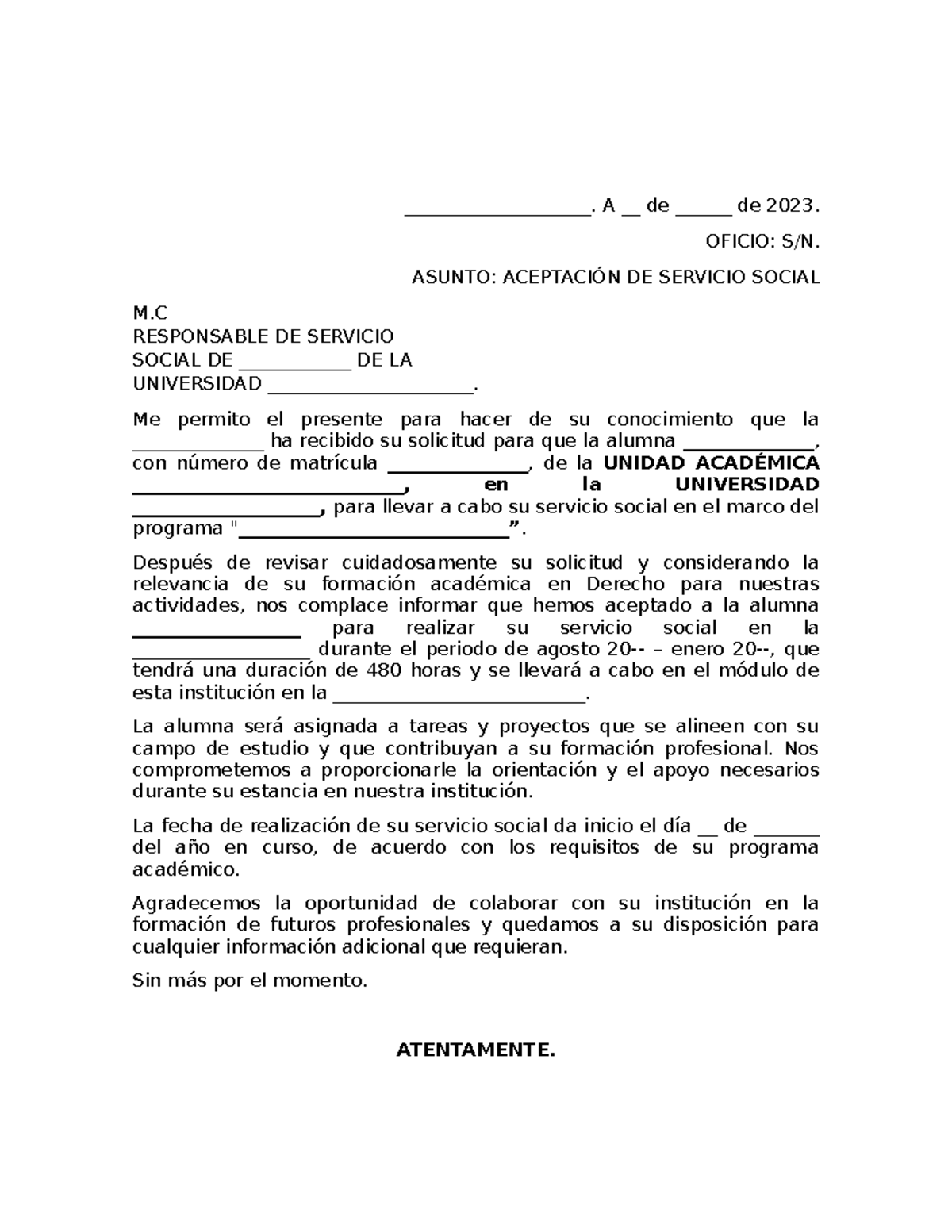 Formato DE Aceptación DE Servicio Social - ____________________. A