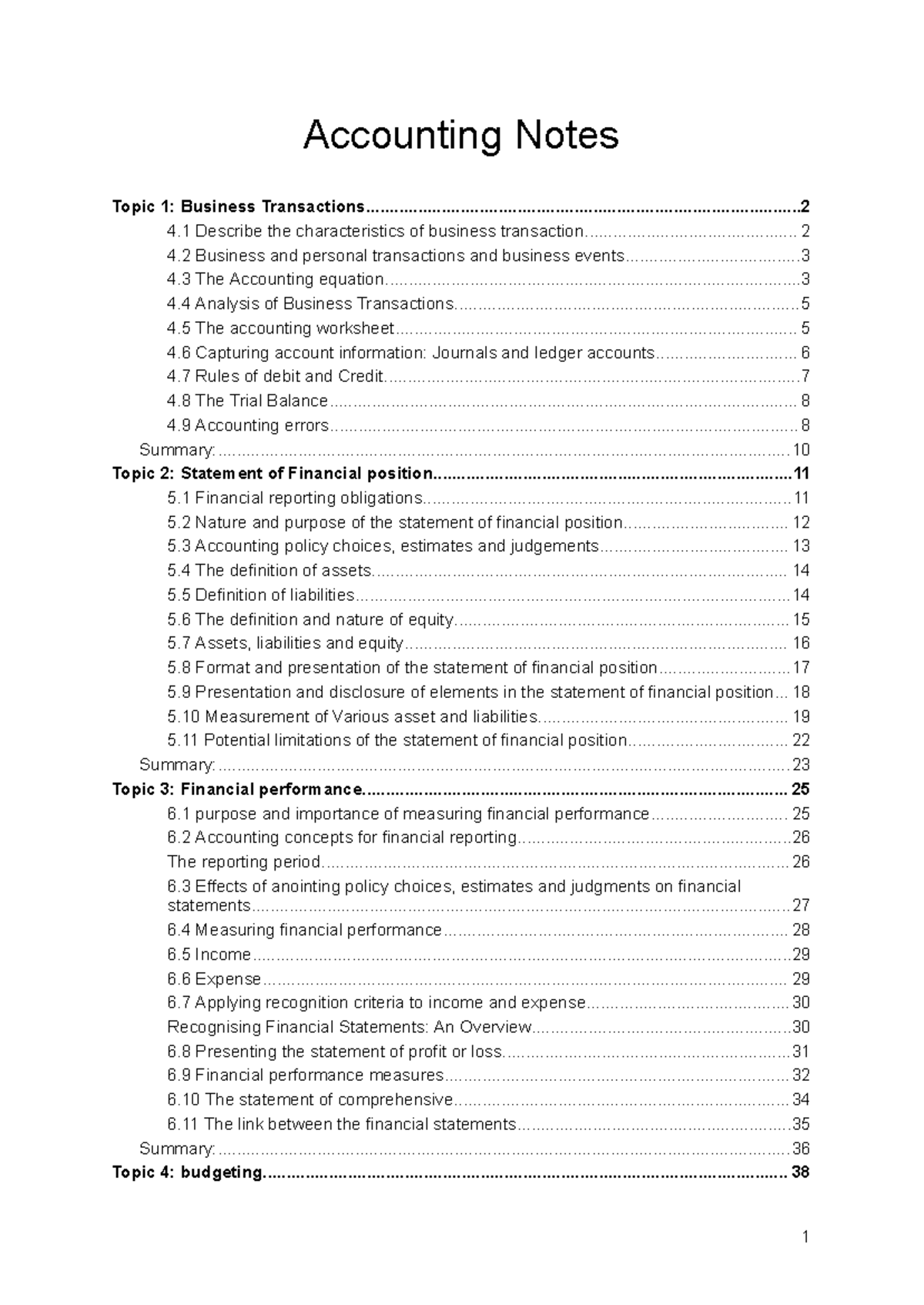 ACC101: Accounting Notes - Business Transactions Overview and Key ...