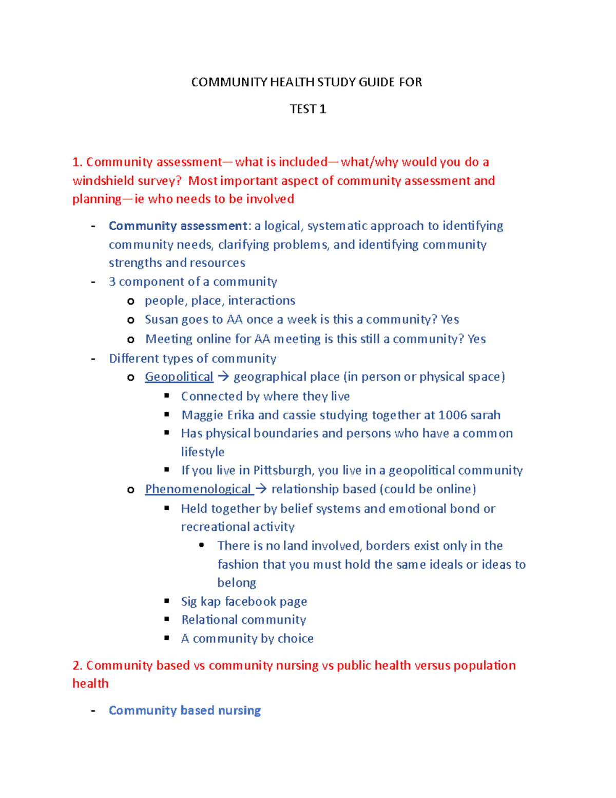 Community Health Nursing Test 1 Study Guide (NUR 201) - Studocu