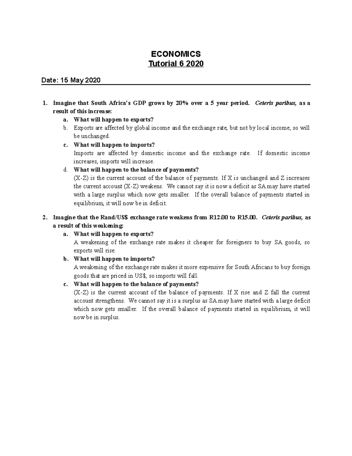 Economics Tutorial 6 2020 with solutions - ECONOMICS Tutorial 6 2020 ...