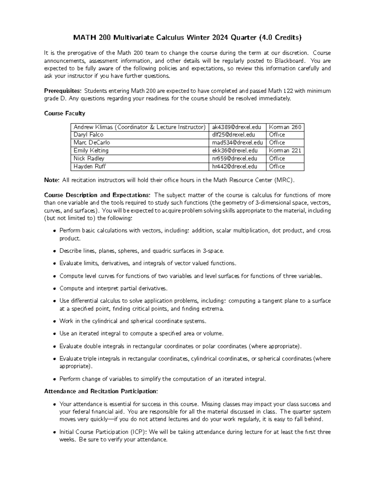 MATH 200 Winter 2024 Multivariable Calculus Course Syllabus - Studocu