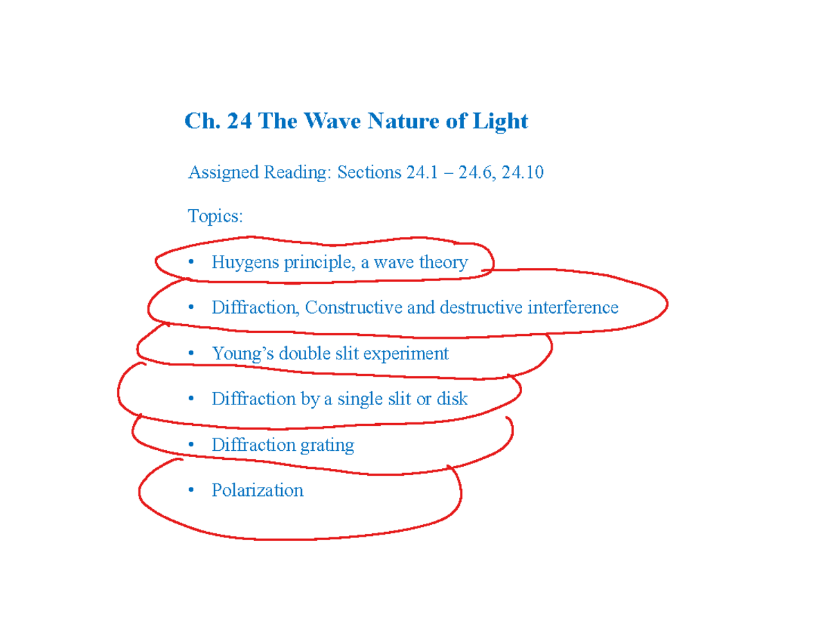 Ch. 24 Lecture: The Wave Nature of Light and Diffraction Concepts - Studocu