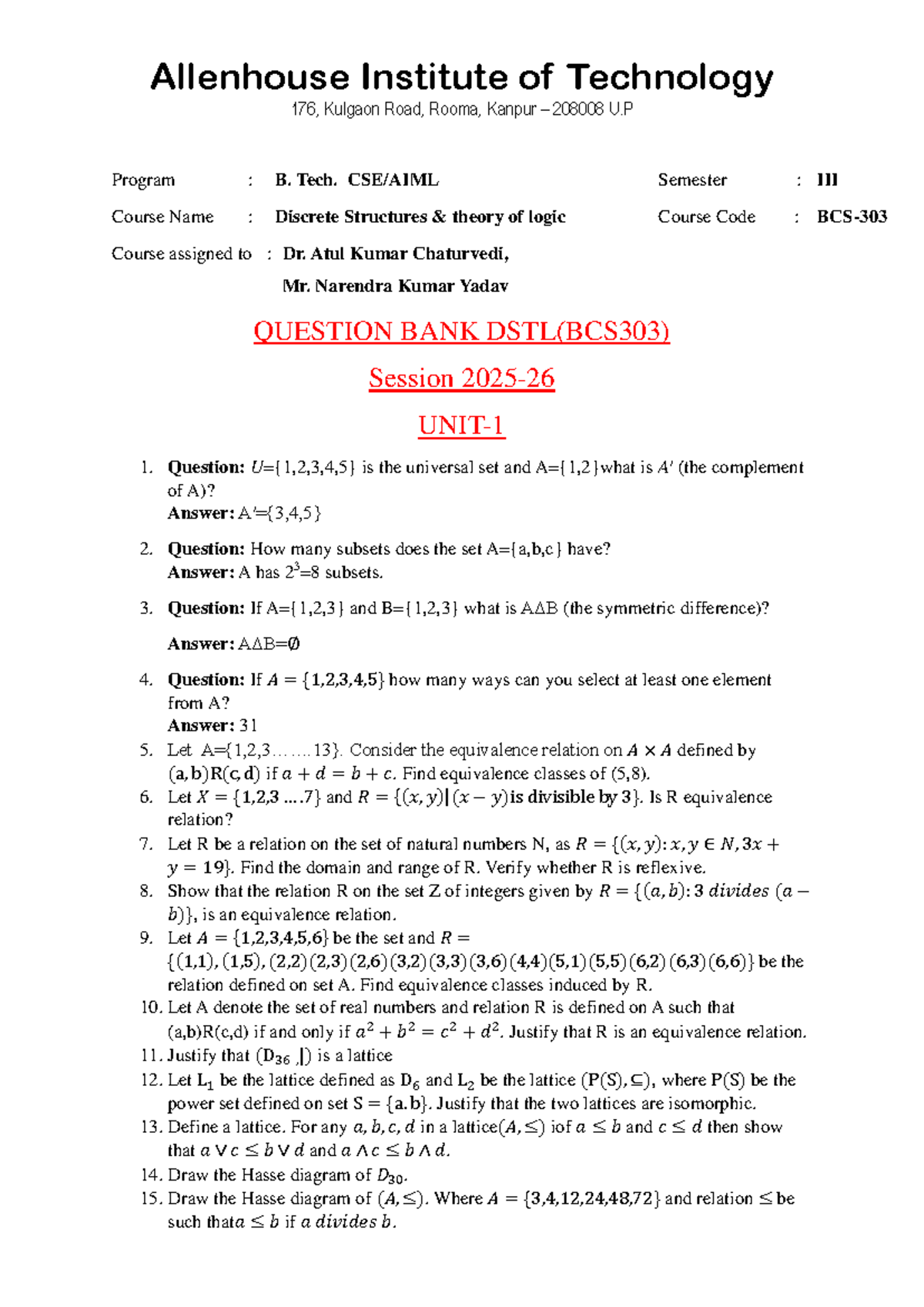 Question Bank - DSTL (BCS 303) - Discrete Structures 2025-26 - Studocu