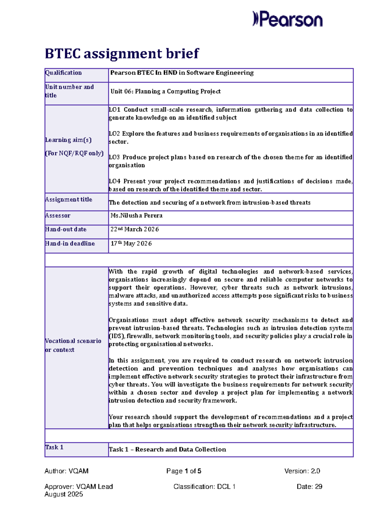 BTEC Assignment Brief: Unit 06 - Network Security Project Plan - Studocu