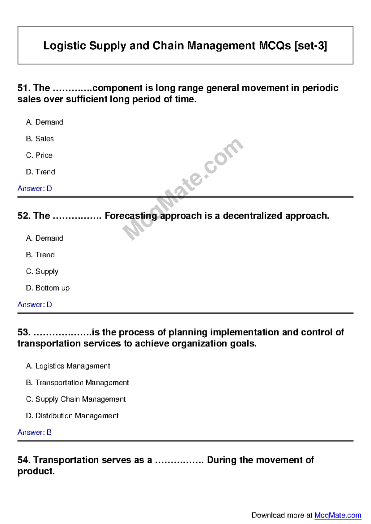 Logistic Supply And Chain Management Mcqs Set 3 Review Guide Studocu
