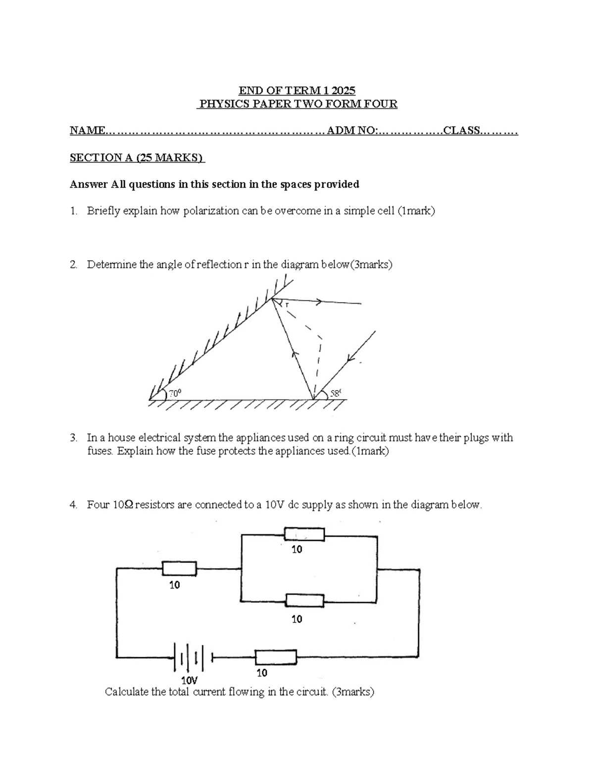 Physics Form 4 Term 1 Examination Paper 1 Questions - Studocu