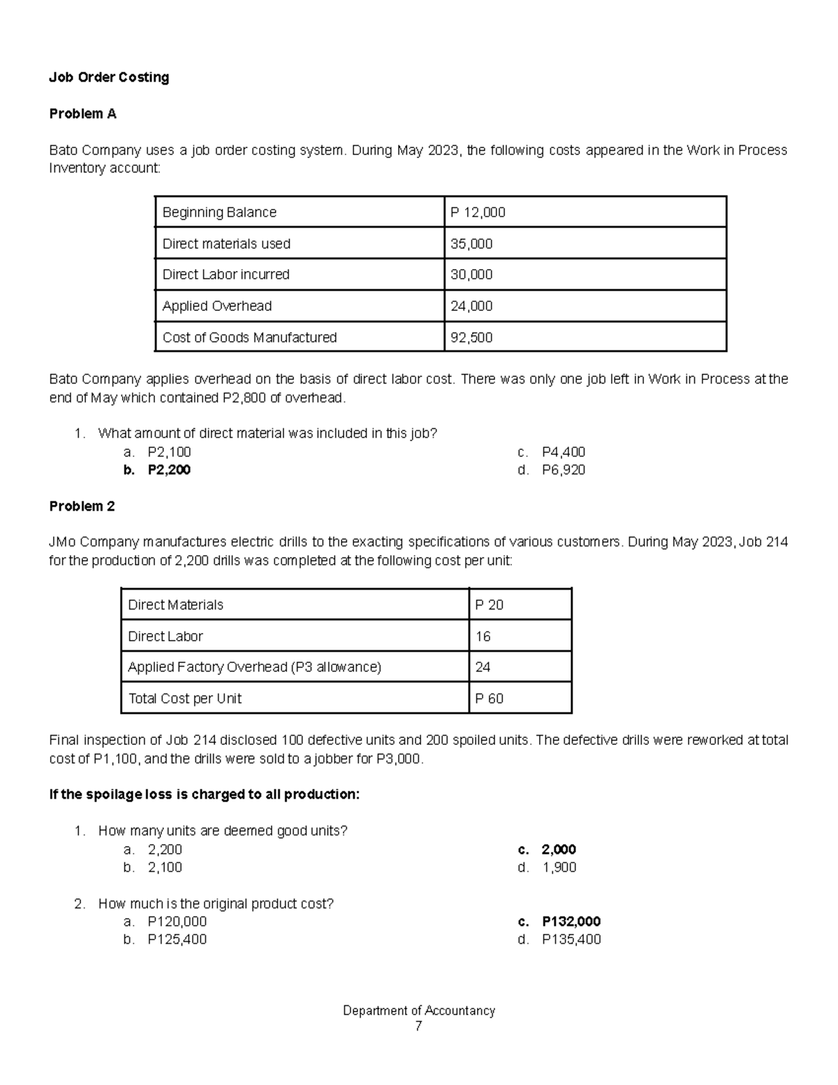 Cost Accounting - Practice Questions (ACCT 101) - Studocu