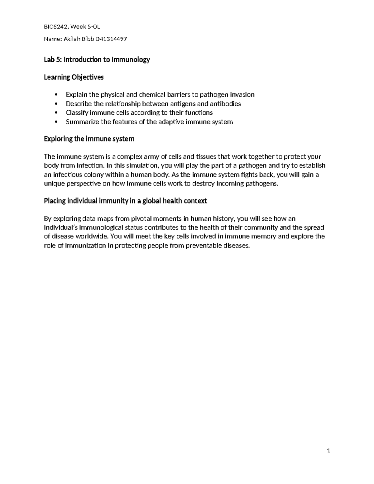 BIOS242 Lab 5: Introduction to Immunology and Immune System Functions ...