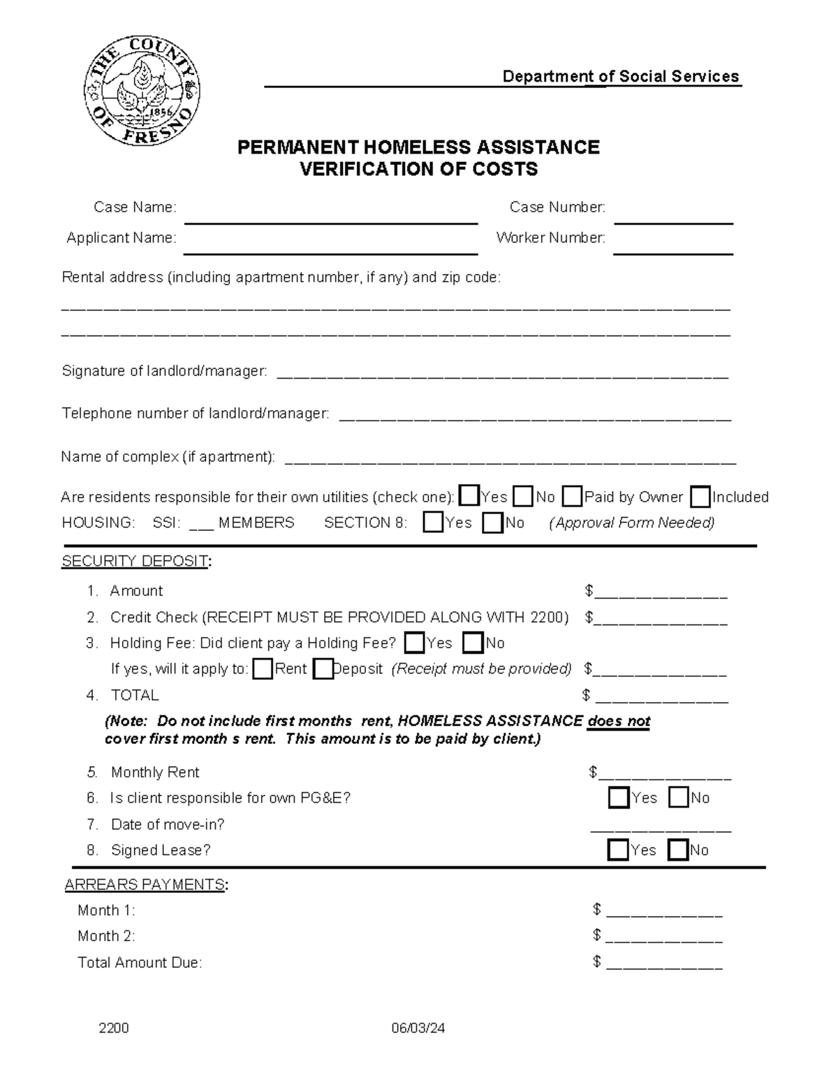 Verification of Costs for Permanent Homeless Assistance 2200 Rev 061124 ...