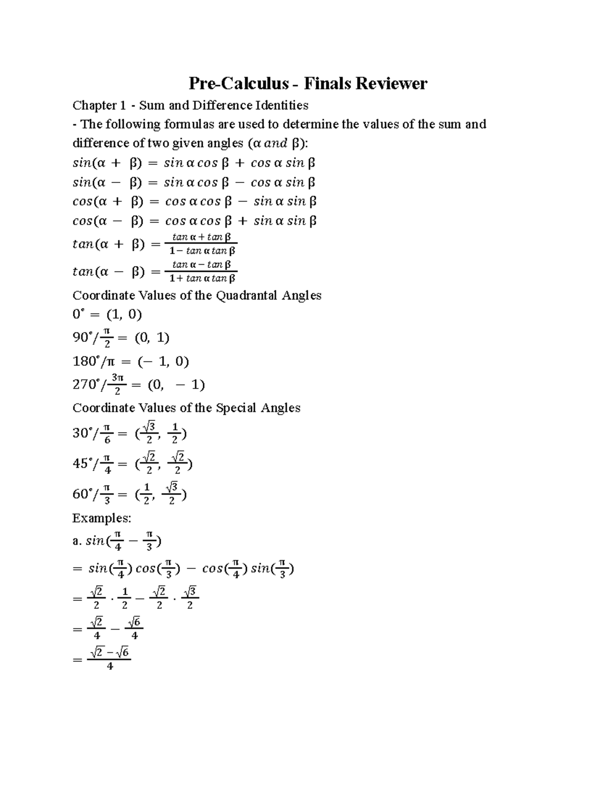 Pre Calculus Finals Reviewer - Pre-Calculus - Finals Reviewer Chapter 1 ...
