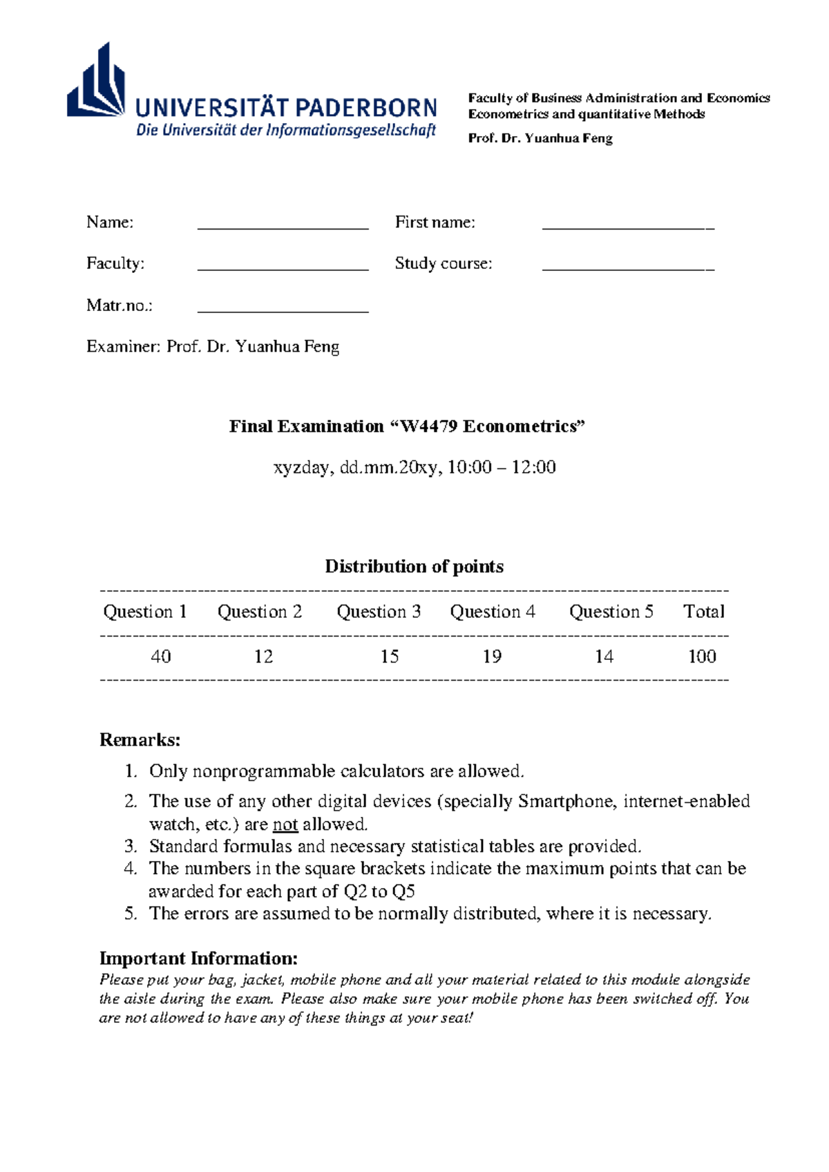 Final Exam Mock-Paper 1 for Econometrics (WS 2024-2025) - Studocu