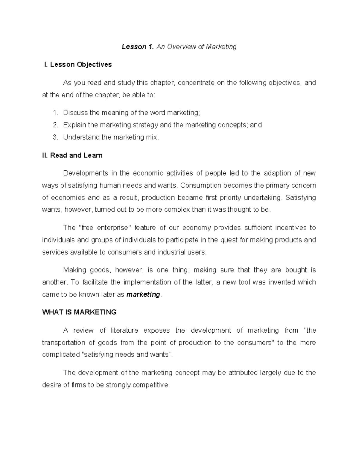 Marketing Overview and Concepts: Lesson 1 (MKT 101) - Studocu