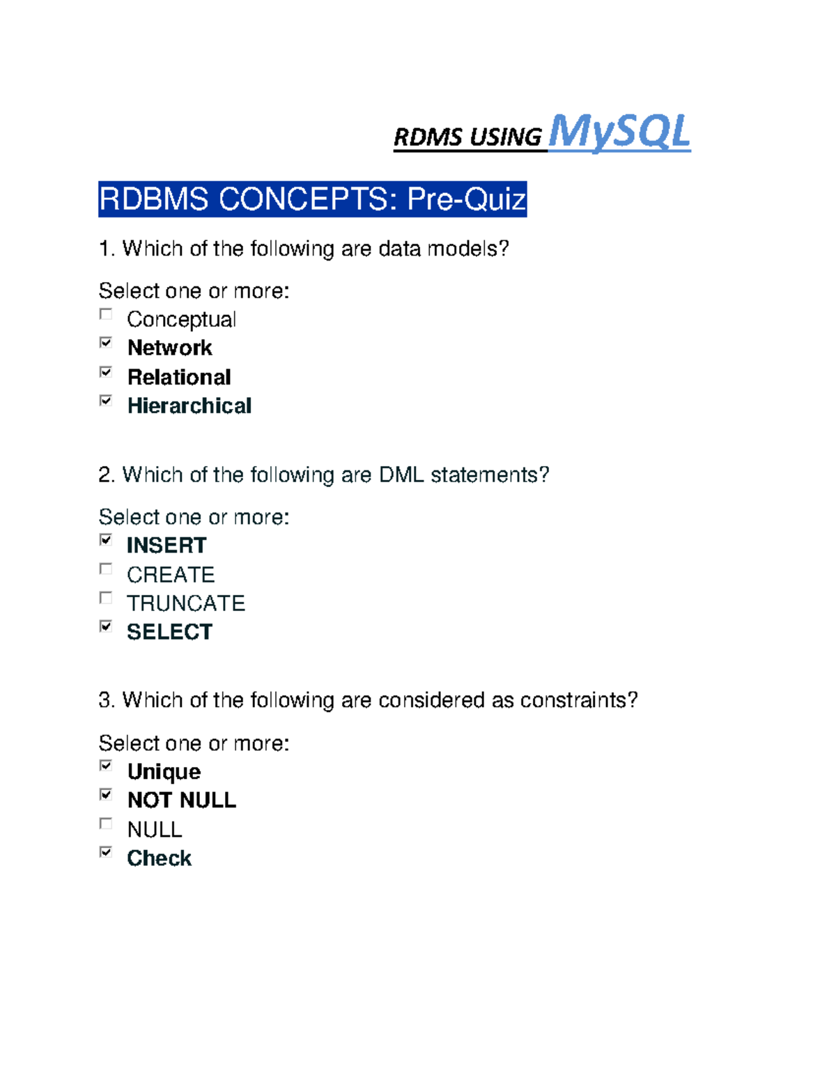 MySQL RDBMS Concepts: Quiz & Exam Preparation Notes - Studocu