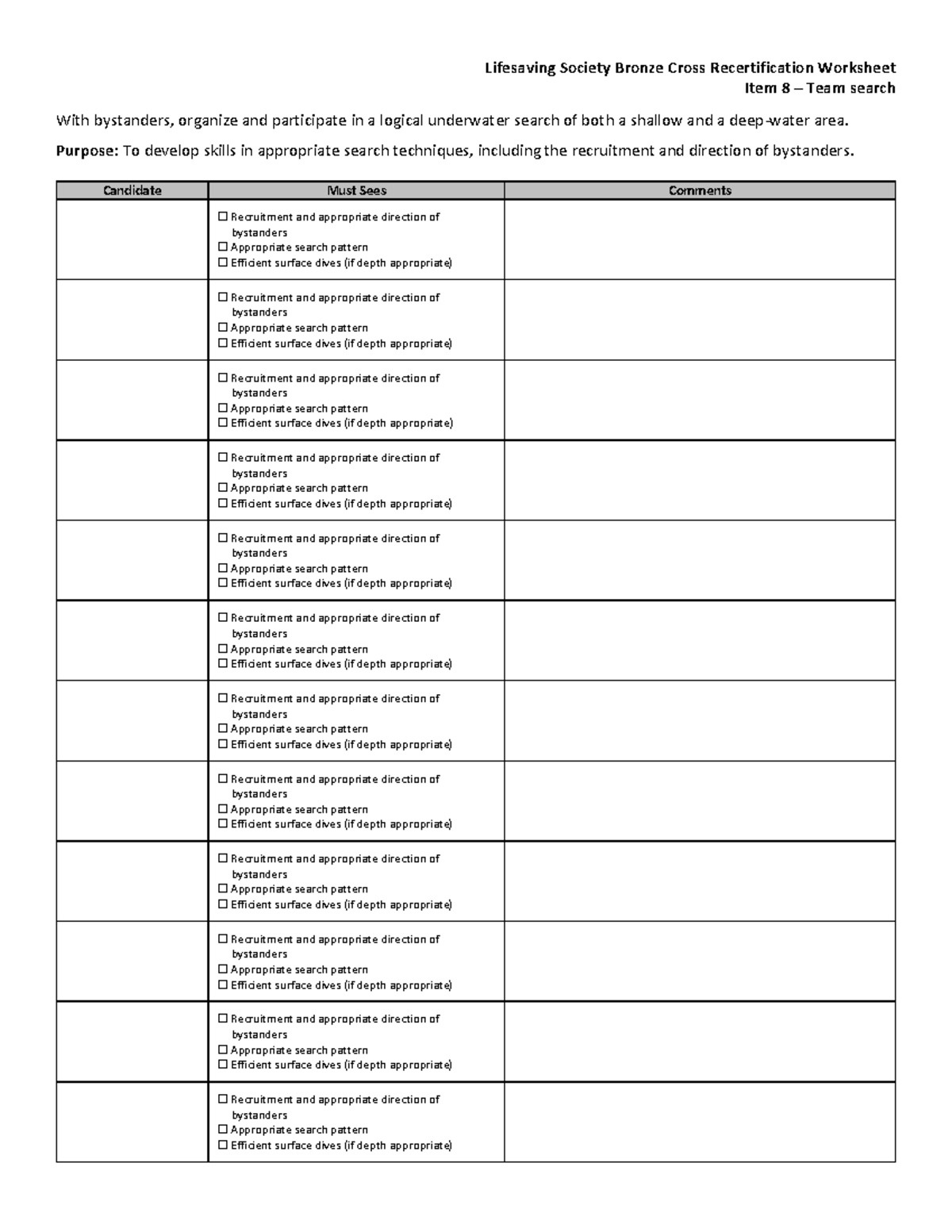 Lifesaving Society Bronze Cross Recertification Worksheet Evaluation ...