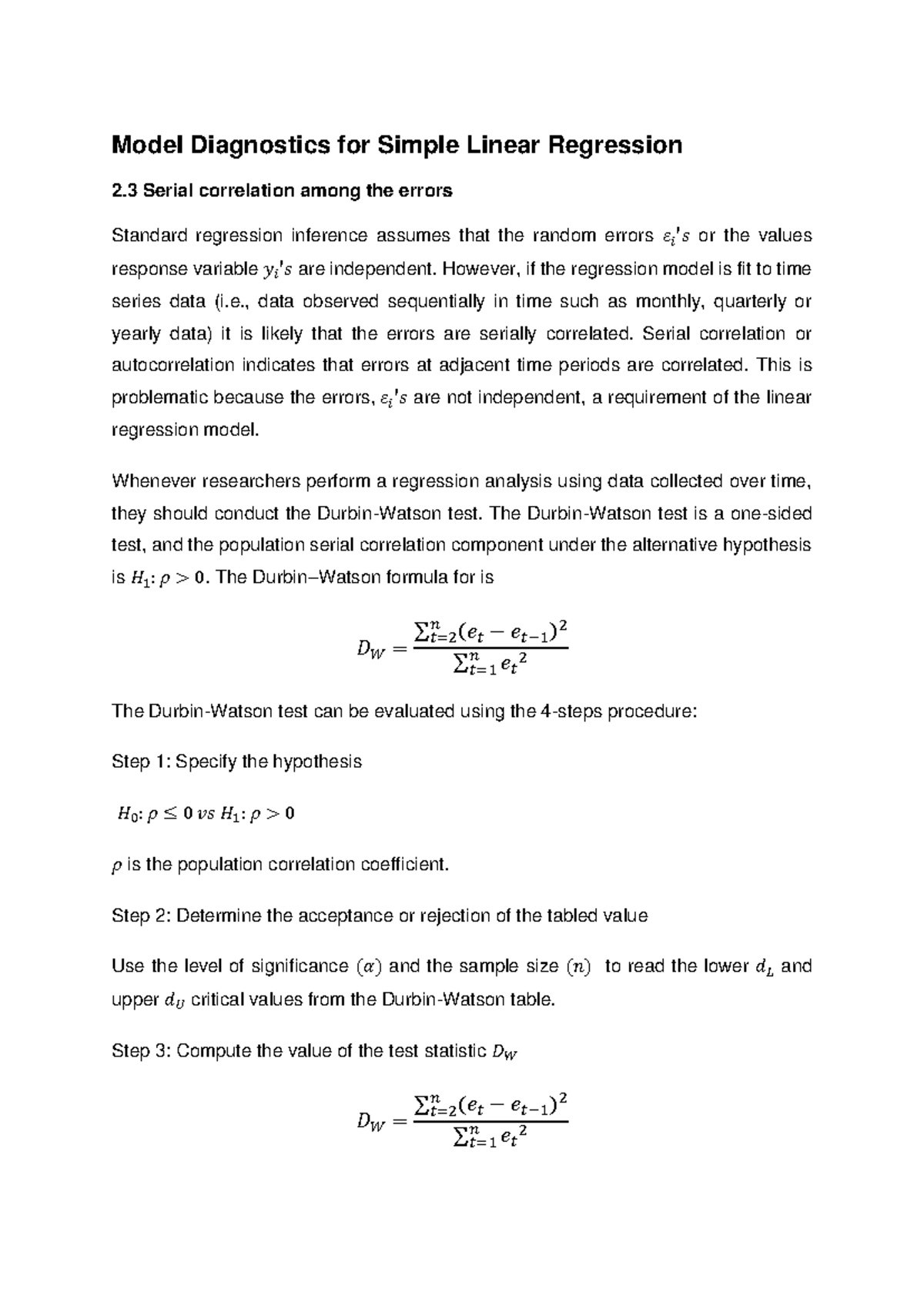 Chapter 2.3: Model Diagnostics for Simple Linear Regression - Studocu