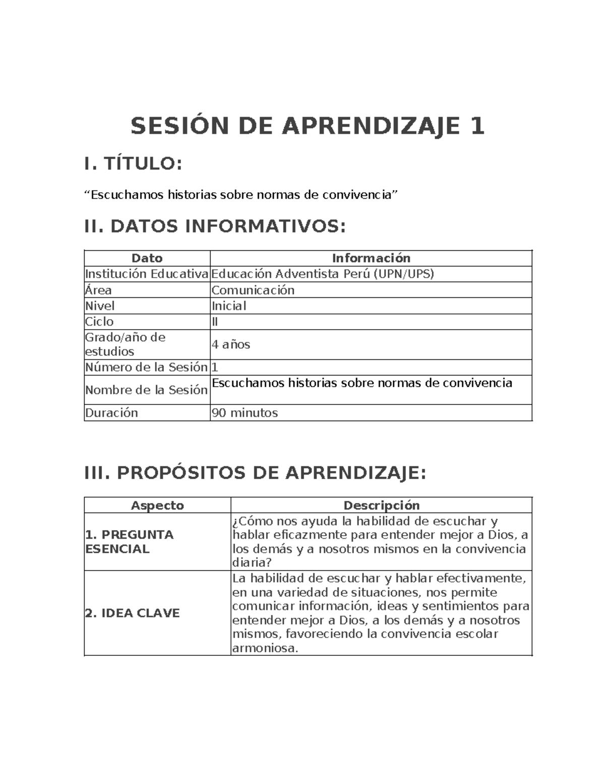 SESION DE APRENDIZAJE 1: Historias sobre Normas de Convivencia - Studocu