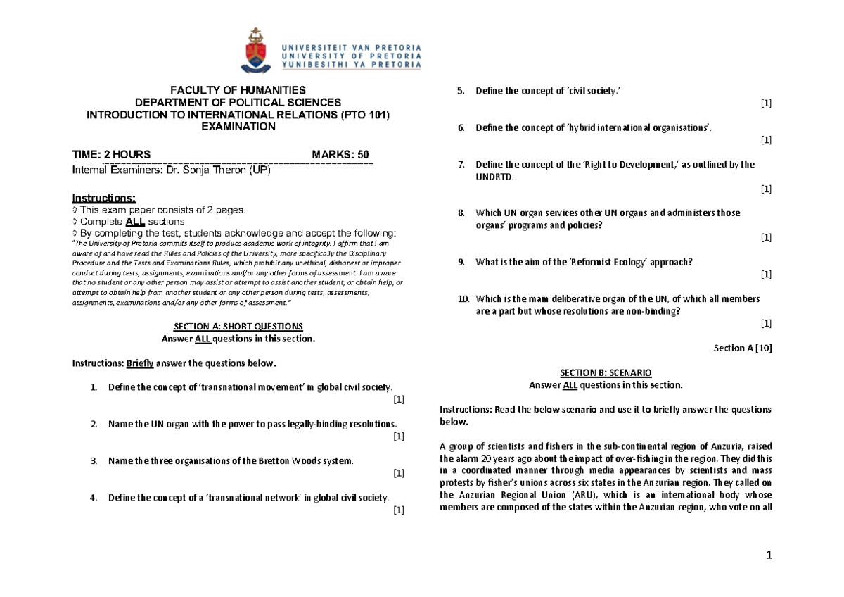 PTO 101 November 2022 Final Semester Test: International Relations Exam ...