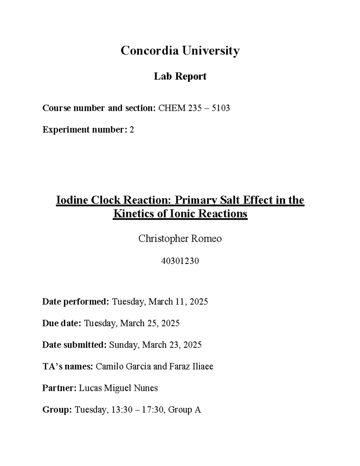 CHEM 235 Lab Report: Iodine Clock Reaction Experiment 2 - Studocu