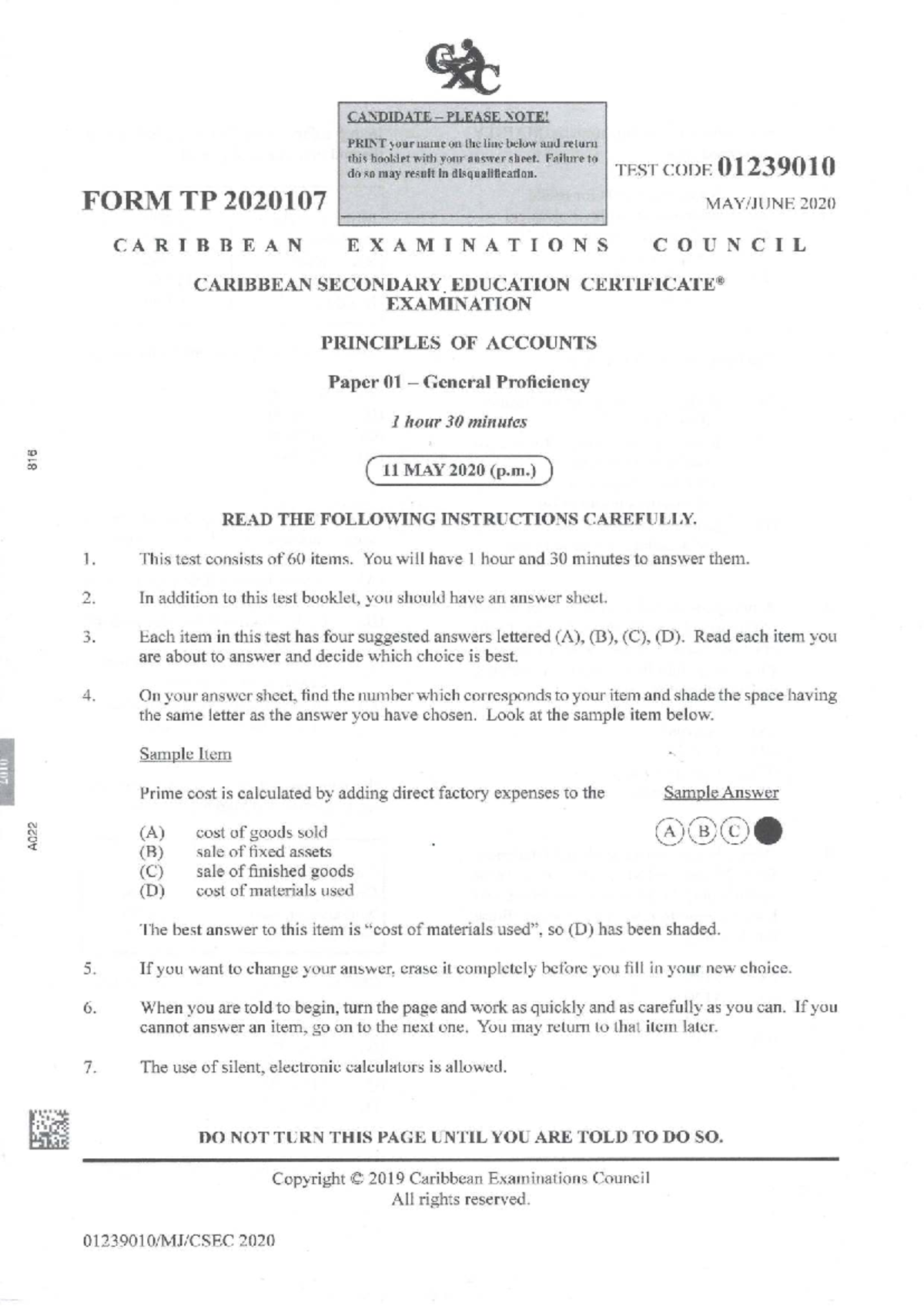CSEC Principles of Accounts Paper 01 2020 Exam Instructions - Studocu