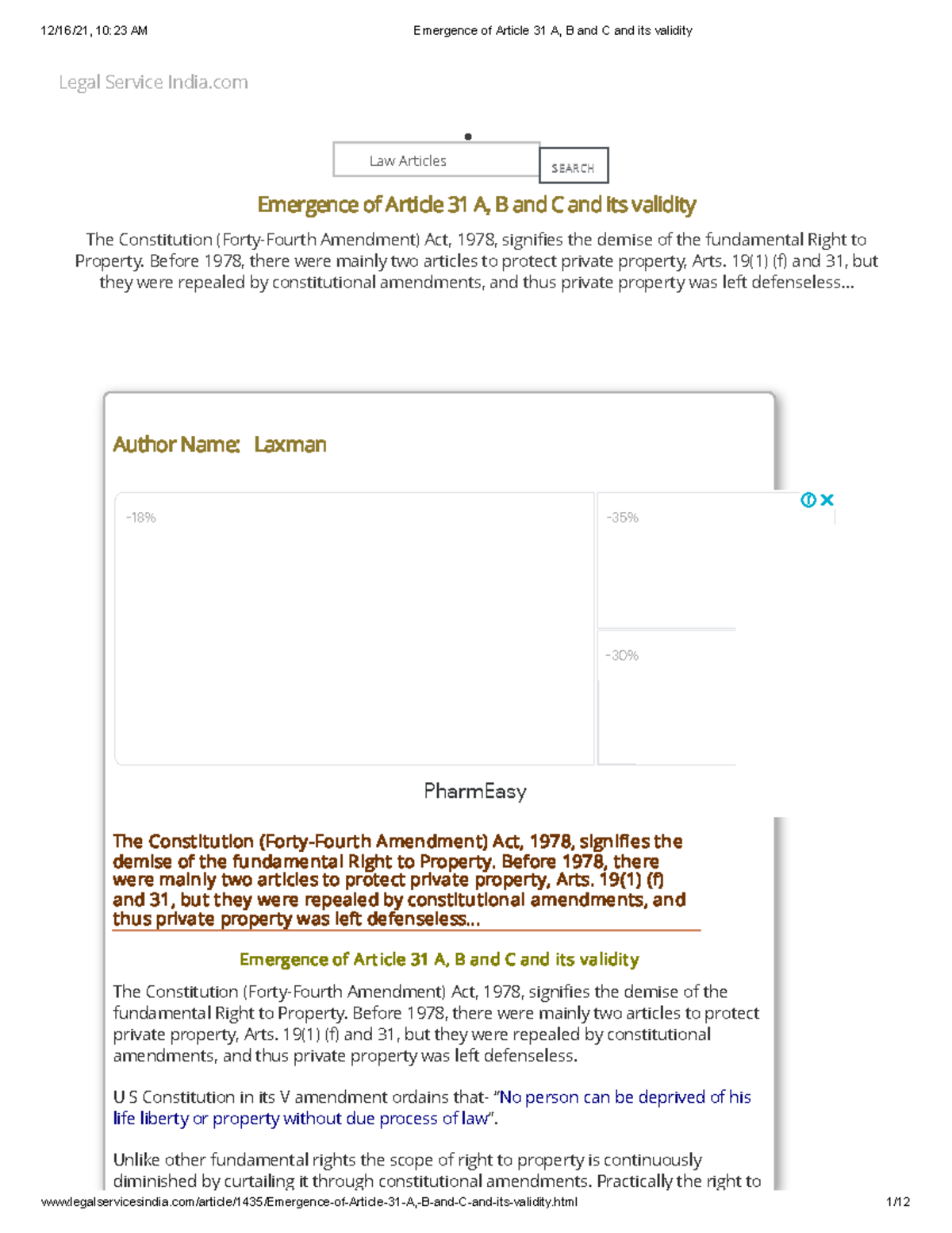 Emergence of Article 31 A, B and C and its validity - Law and Economics ...