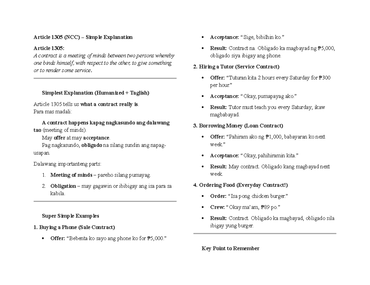Article 1305 (Oblicon) Simplified Notes on Contracts and Obligations ...