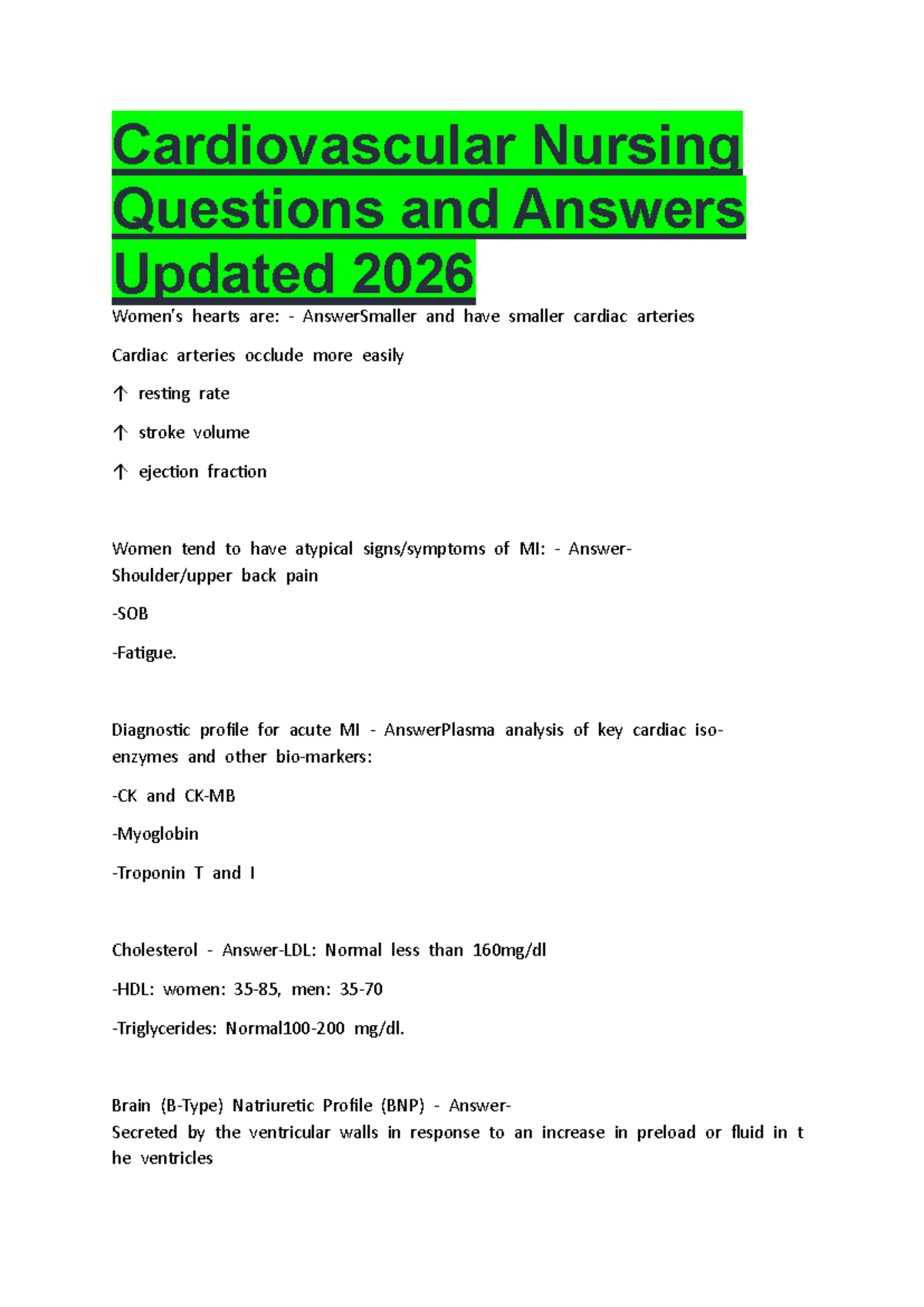Cardiovascular Nursing Questions and Answers Updated 2026 ...