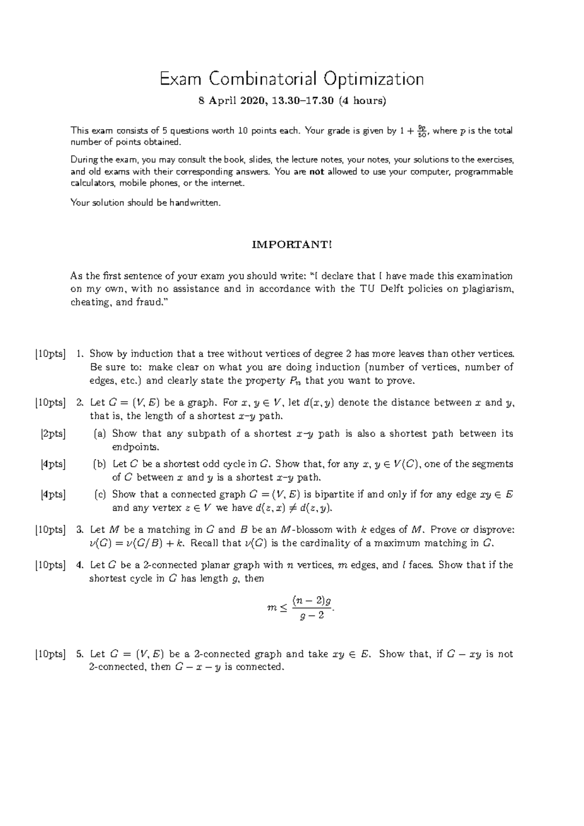 Exam combinatorical optimization april 2021 - TU Delft - Studeersnel