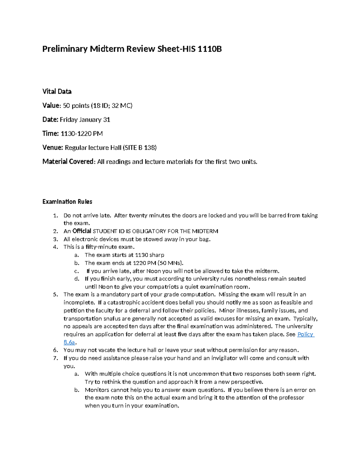 Preliminary Midterm Review Sheet - Examination Rules 1. Do not arrive ...