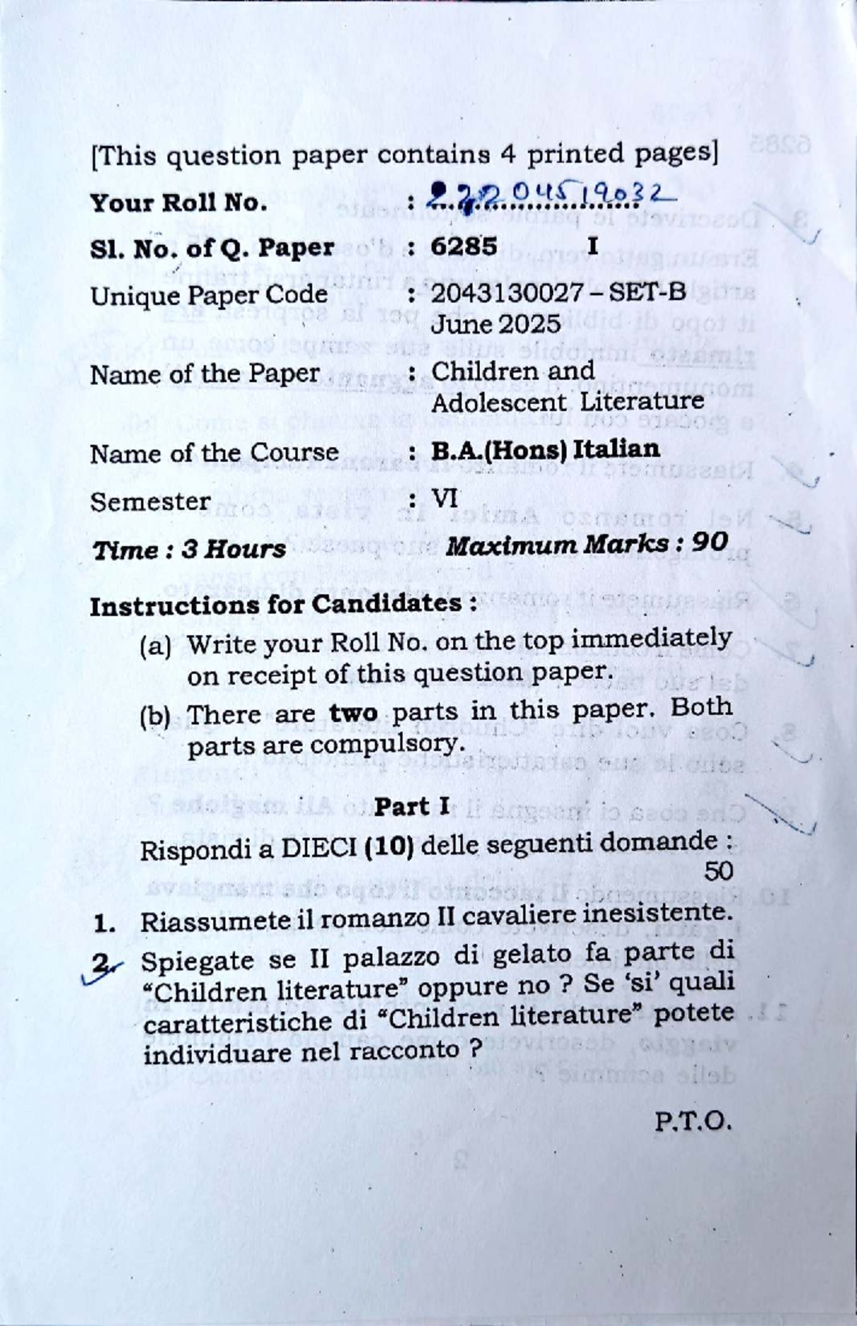B.A. (Hons) Italian SEM-6 Past Year Question Papers: Literature ...