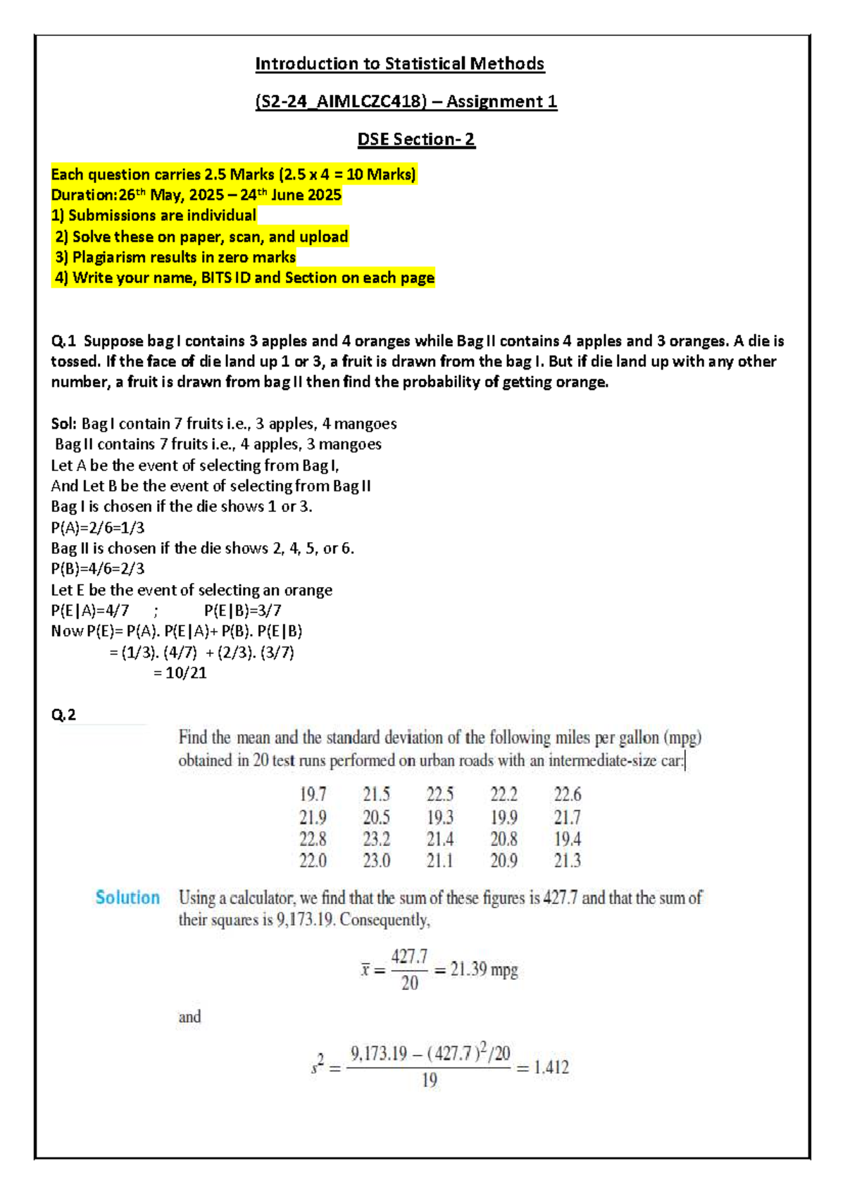 DSE 2 Assignment 1: Introduction to Statistical Methods Solutions - Studocu