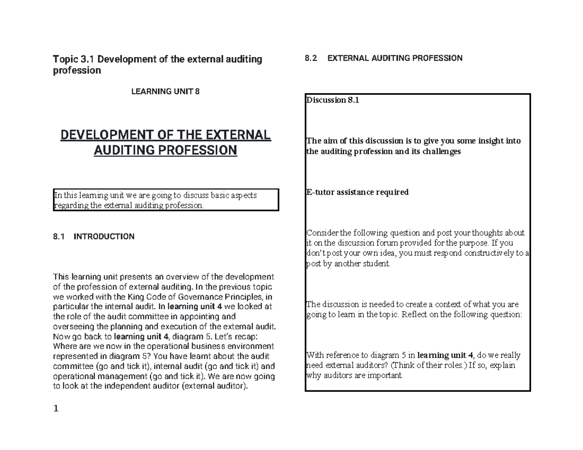 Development of the External Auditing Profession - Learning Unit 8 ...