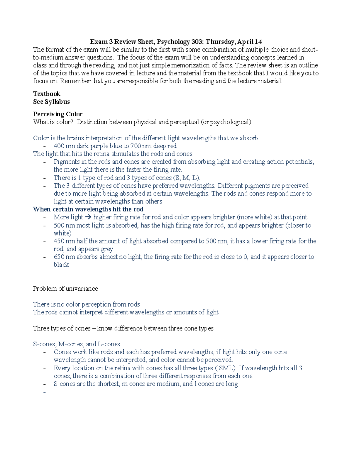 Psychology 303: Exam 3 Review Sheet on Color Perception and Motion ...
