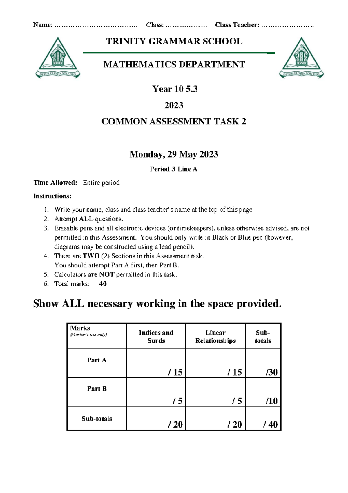 2023 Year 10 5.3 Common Assessment Task 2 - Mathematics - Studocu