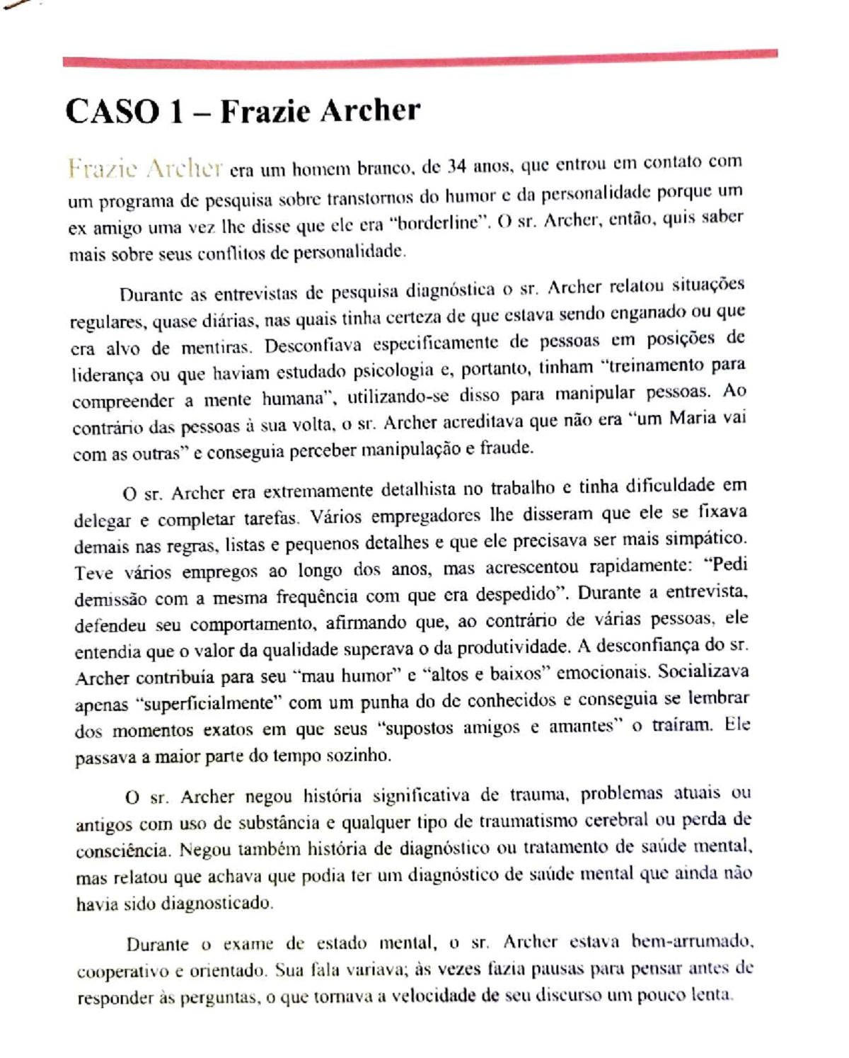 CASO 1: Análise de Frazie Archer e Transtornos de Personalidade - Studocu