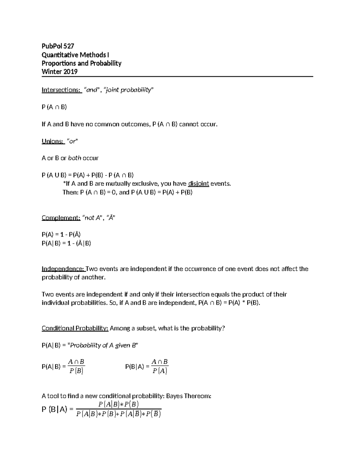 PubPol 527: Quantitative Methods I - Proportions and Probability Notes ...