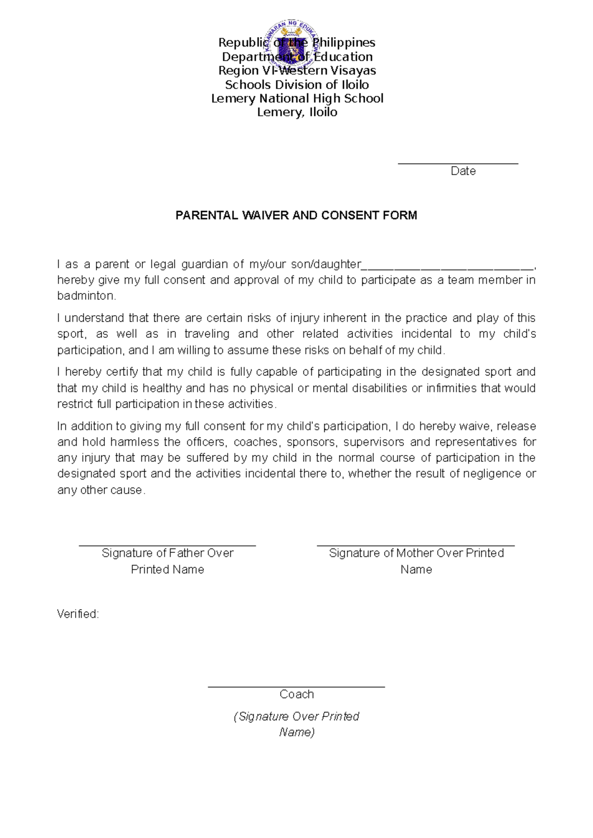 Parental Consent Form for Badminton Participation - Leyte Sports ...