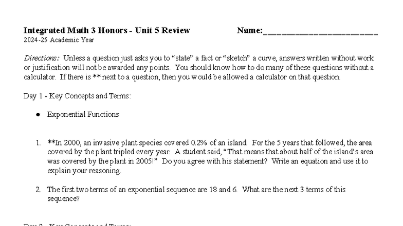 IM 3 H - Unit 5 Review - Exponential Functions and Logarithms - Studocu