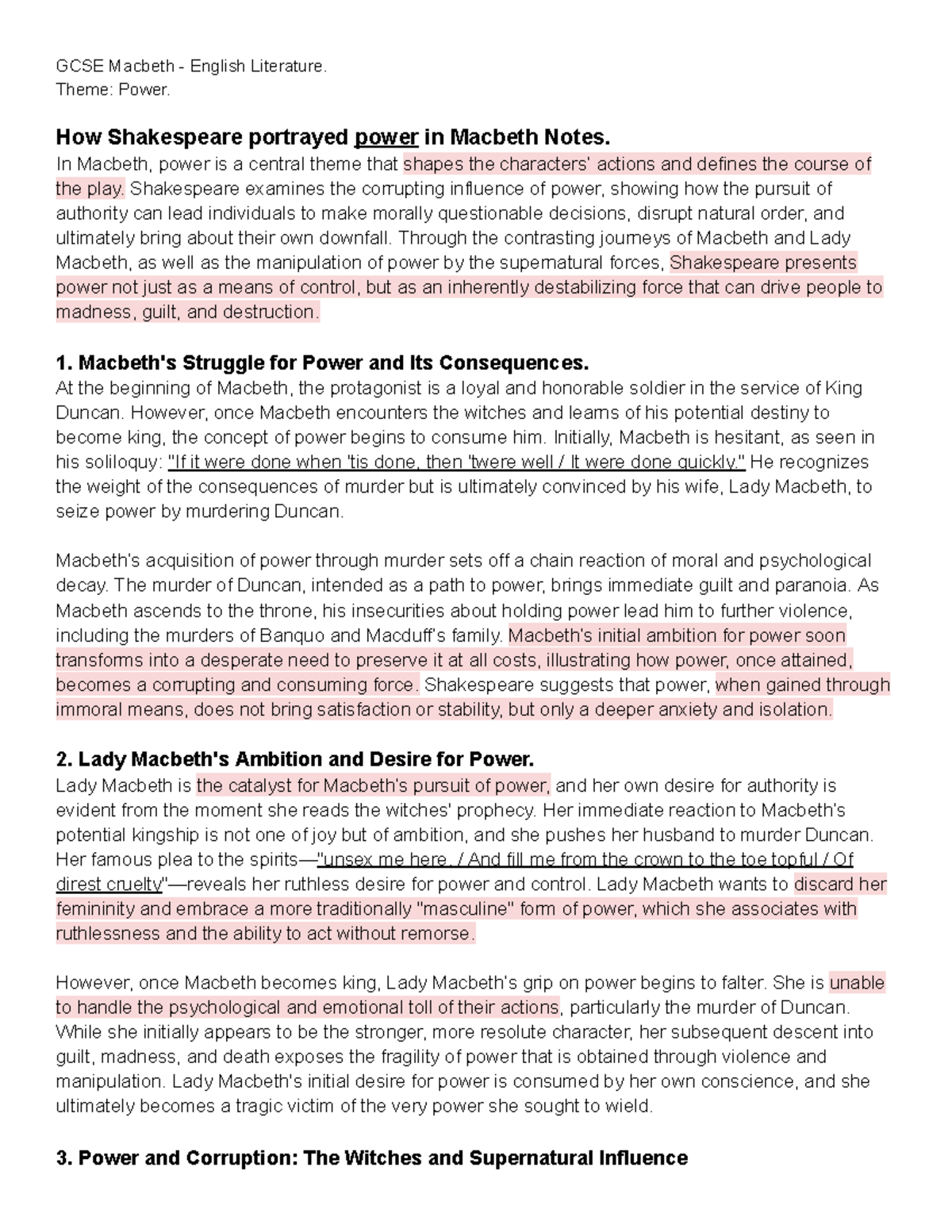 GCSE Macbeth English Literature: Power Themes and Analysis Notes - Studocu