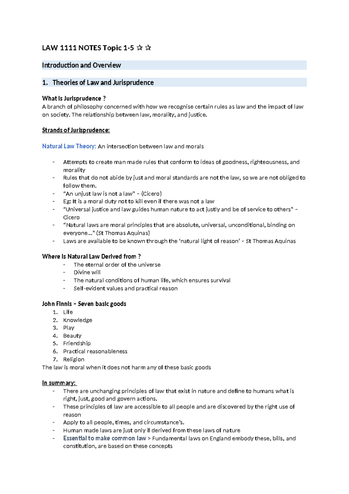 LAW 1111 Notes: Jurisprudence and the Australian Legal System (Topics 1 ...