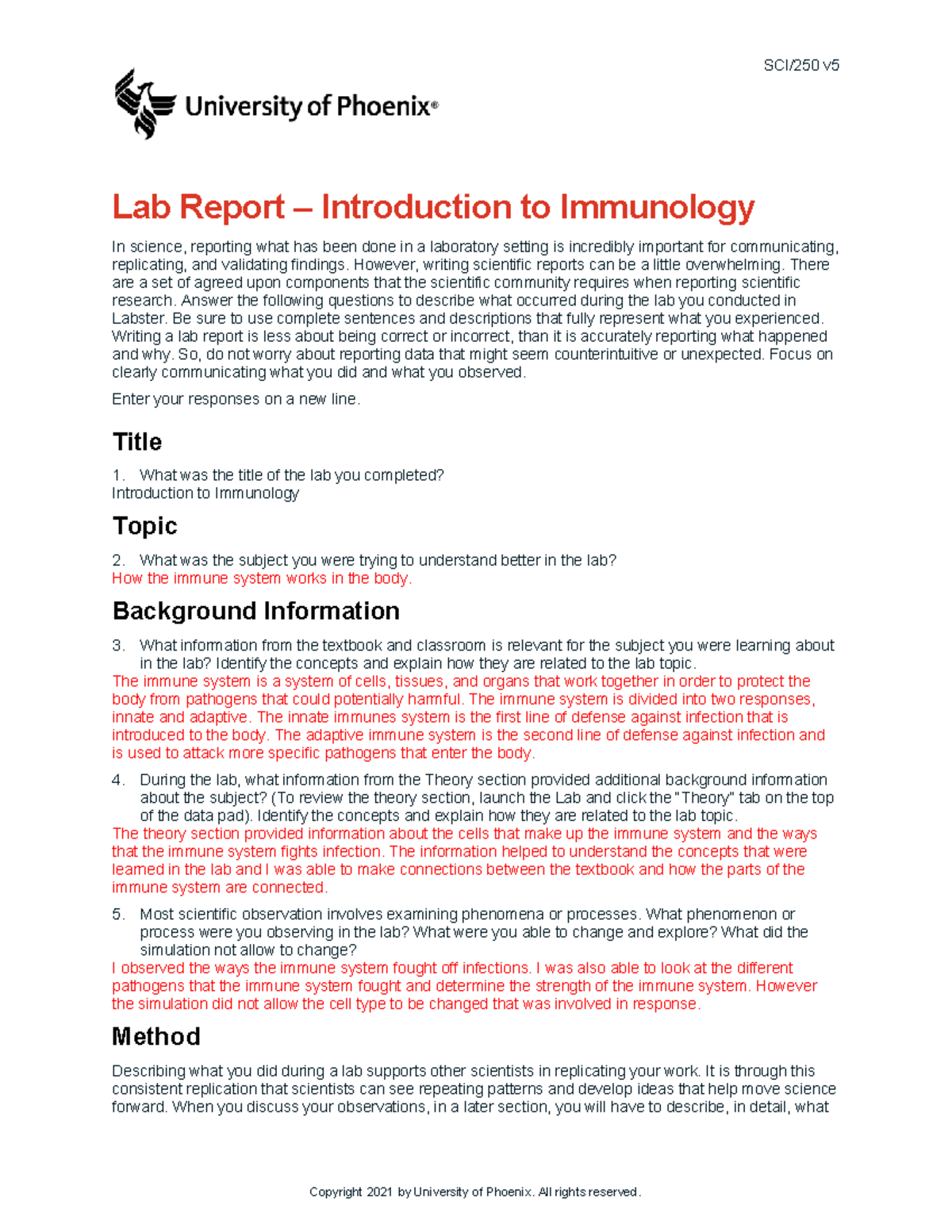 Lab Report: Immunology Insights from SCI/250 v Virtual Lab - Studocu