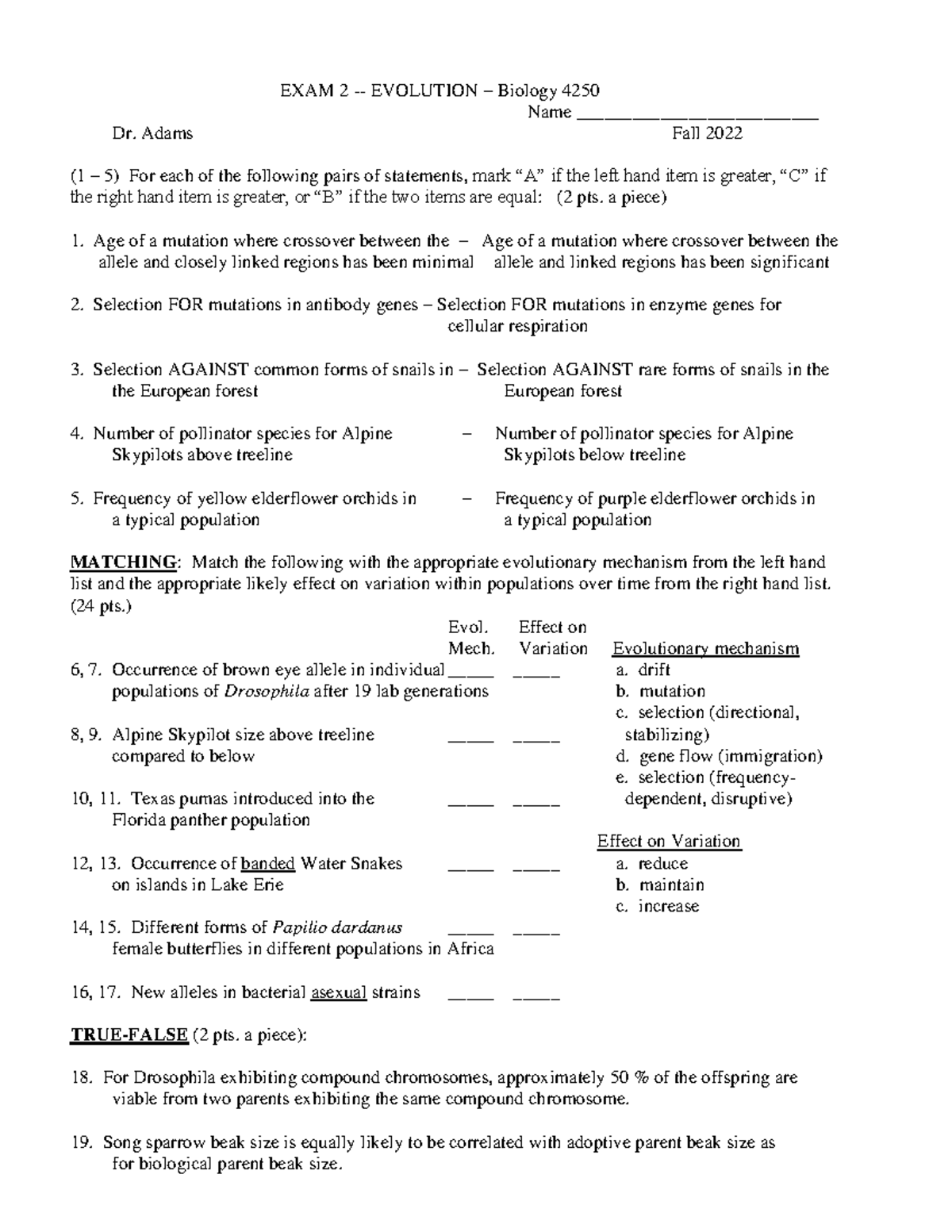 Exam 2 Review: Evolution - Biology 4250 - Dr. Adams - Fall 2022 - Studocu