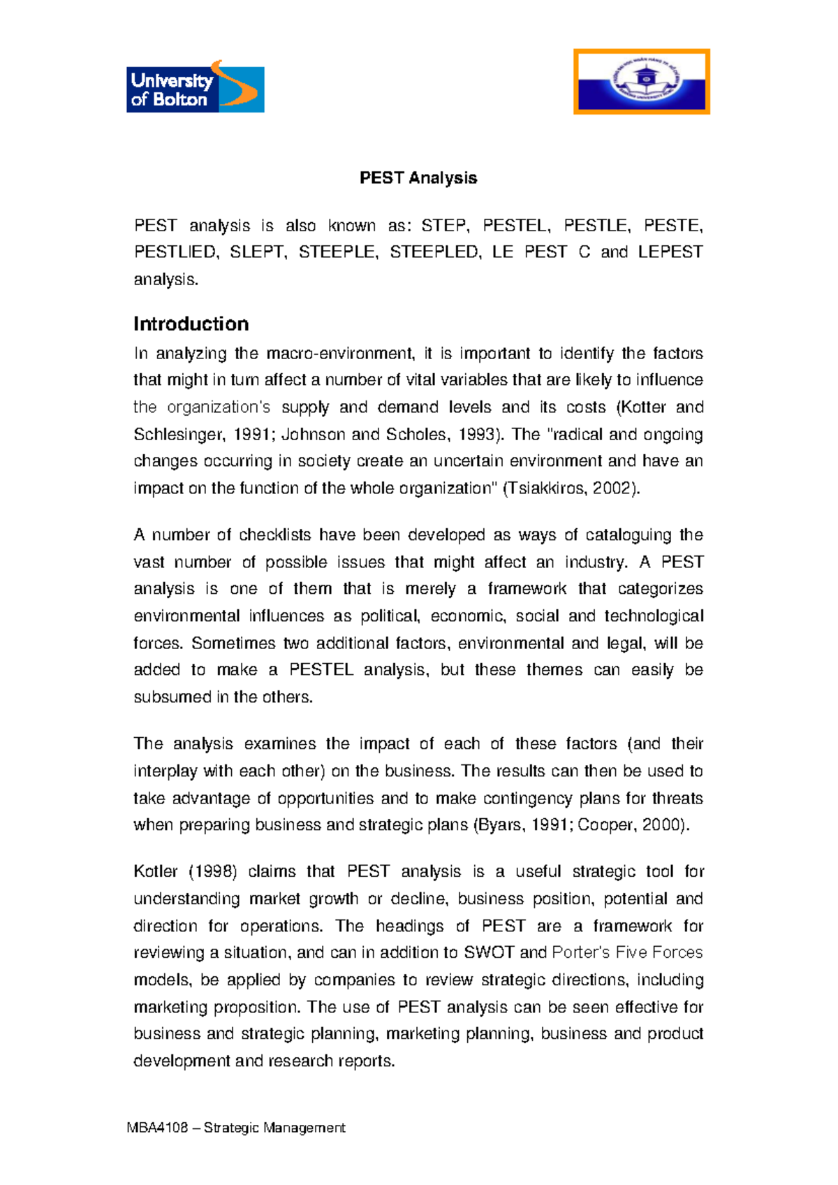 MBA4108 Strategic Management: Summary of PESTLE Analysis - Studocu